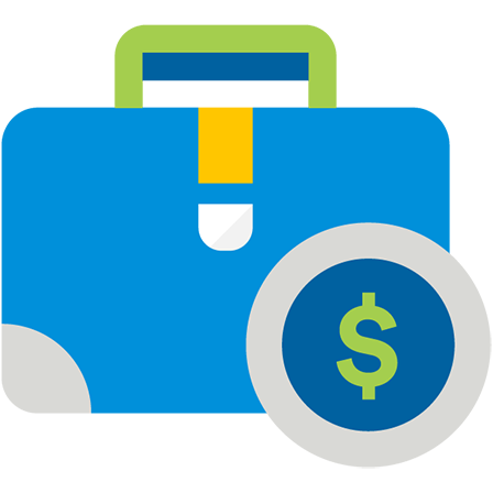 Pictograma de maletin color azul con simbolo de dolar incrustado